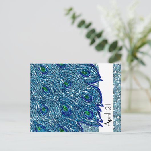 きらびやかな青いスパンピーコック日付を保存 案内ポストカード (スタンド正面)
