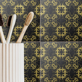 きらびやかな黒フェイク金ゴールドメタリックダマスクパターン タイル