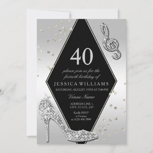 きらびスタイリッシュやかな銀の40歳の誕生日 招待状 (正面)
