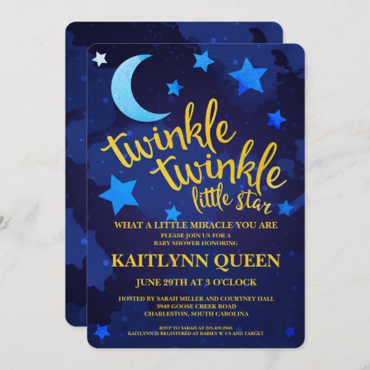きらめきのきらめきの男女兼用なベビーシャワー 招待状 (正面/裏面)
