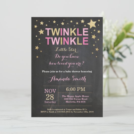 きらめきのきらめき少し星のピンクの金ゴールドのベビーシャワー 招待状 (スタンド正面)