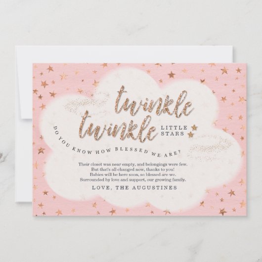 きらめきのきらめき少し星の双生児の女の子のベビーシャワー サンキューカード (正面)
