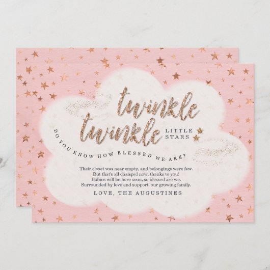 きらめきのきらめき少し星の双生児の女の子のベビーシャワー サンキューカード (正面/裏面)