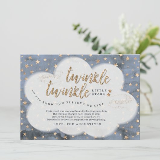 きらめきのきらめき少し星の双生児の男の子のベビーシャワー サンキューカード (スタンド正面)