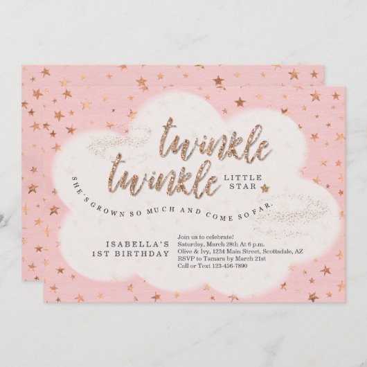 きらめきのきらめき少し星の女の子の最初誕生日 招待状 (正面/裏面)
