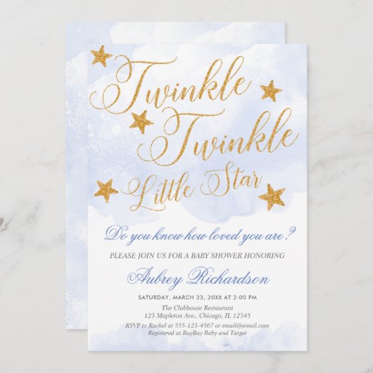 きらめきのきらめき少し星の男の子の青色児のシャワー 招待状 (正面/裏面)