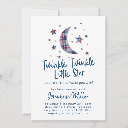 きらめきの小さい星の格子縞のベビーシャワー 招待状 (正面)