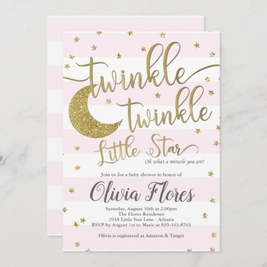 きらめき少し星のピンクのベビーシャワーの招待状 招待状 (正面/裏面)