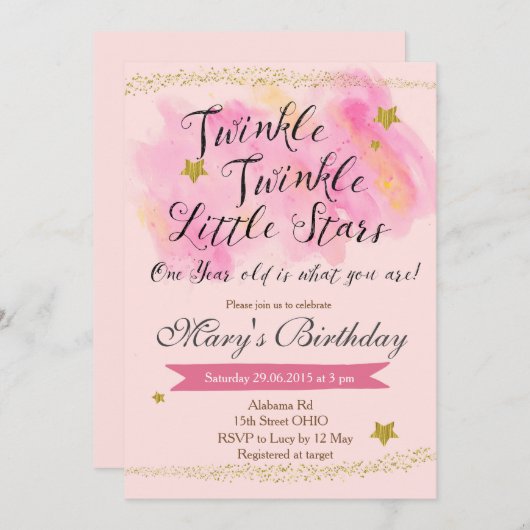 きらめき少し星の女の子の誕生日の招待状 招待状 (正面/裏面)