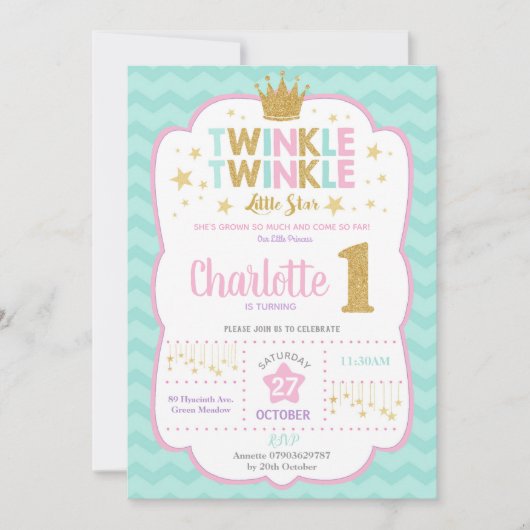 きらめき少し星の第1誕生日の招待状の女の子 招待状 (正面)