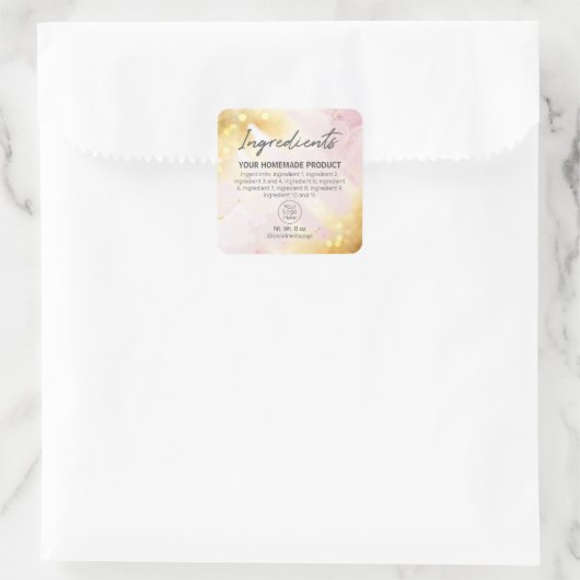 きらめくかわいらしピンクと金ゴールドの原料ラベル スクエアシール (バッグ)
