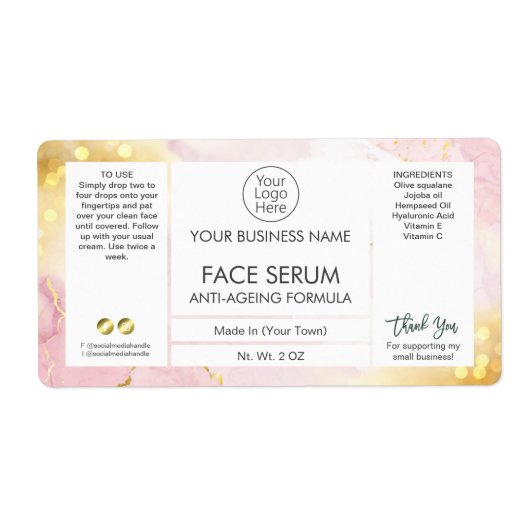 きらめくかわいらしピンクの金ゴールドヘア顔血清ラベル ラベル (正面)