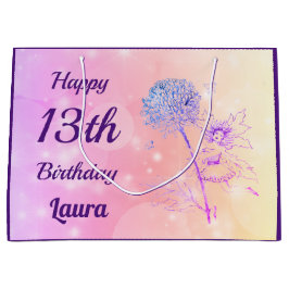 きらめくなピンクの花の妖精の第13誕生日 ラージペーパーバッグ