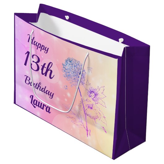 きらめくなピンクの花の妖精の第13誕生日 ラージペーパーバッグ (正面アングル)