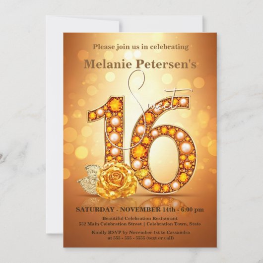 きらめくアンバージェムストーンゴールデンバラスウィート16 招待状 (正面)