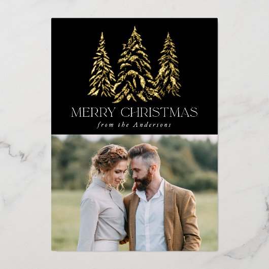 きらめくウィンターパインブラックと金ゴールド 箔シーズンカード (正面)