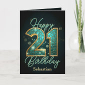 きらめくエレガントティール(緑がかった色)と金ゴールド21歳の誕生日 カード (正面)