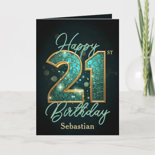 きらめくエレガントティール(緑がかった色)と金ゴールド21歳の誕生日 カード (正面)