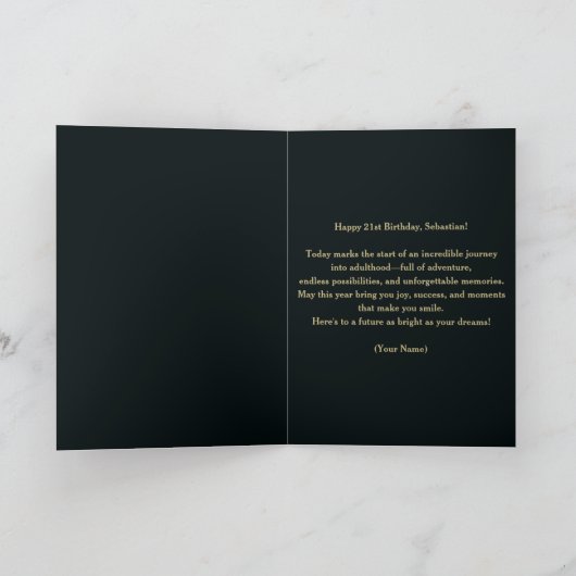 きらめくエレガントティール（緑がかった色）と金ゴールド21歳の誕生日 カード (内部)