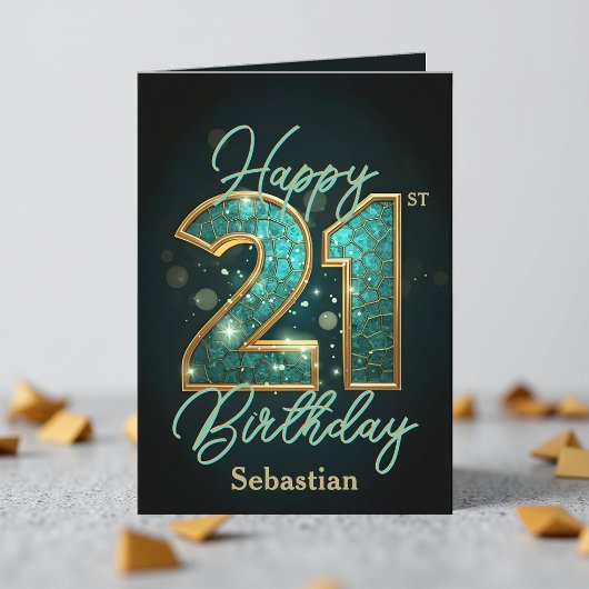 きらめくエレガントティール(緑がかった色)と金ゴールド21歳の誕生日 カード