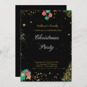 きらめくクリスマスパーティーブラックと金ゴールド 招待状 (正面/裏面)
