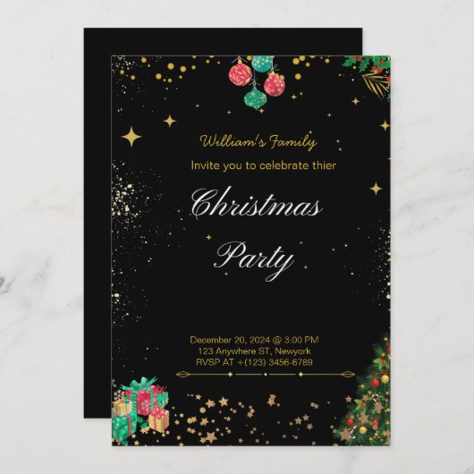 きらめくクリスマスパーティーブラックと金ゴールド 招待状 (正面/裏面)
