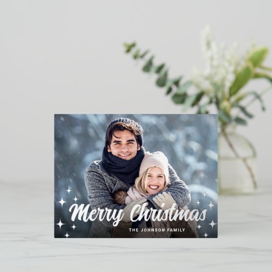 きらめくクリスマスフォトグリーティングシルバー 箔シーズンポストカード (立ち正面)