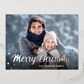 きらめくクリスマスフォトグリーティングシルバー 箔シーズンポストカード (正面)