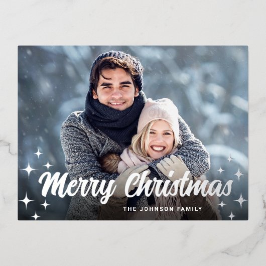 きらめくクリスマスフォトグリーティングシルバー 箔シーズンポストカード (正面)