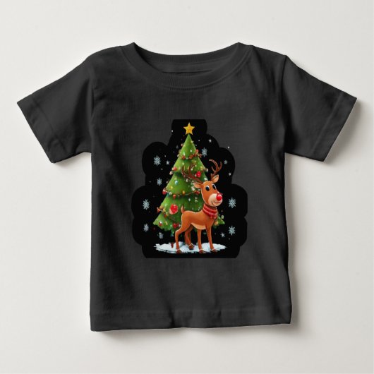 「きらめくクリスマス:木々、トナカイ、星デシ ベビーTシャツ (正面)