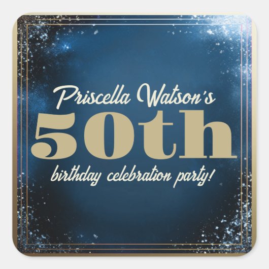 きらめくグリッターブルーと金ゴールド誕生会 スクエアシール (正面)
