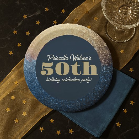 きらめくグリッターブルーと金ゴールド誕生会 ペーパープレート