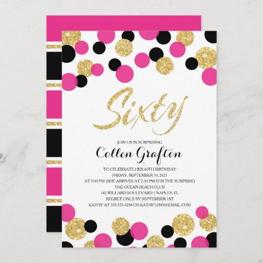きらめくグリッター紙吹雪 | 60歳 招待状 (正面/裏面)