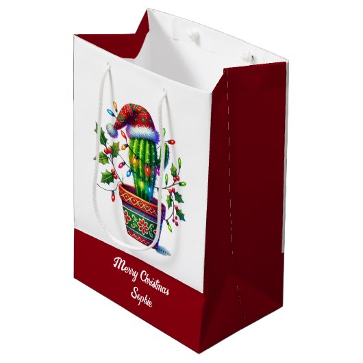 きらめくサボテンのクリスマス ミディアムペーパーバッグ (正面アングル)