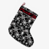 きらめくシルバーのお祭り雪の結晶パターン ラージクリスマスストッキング (正面 (吊り時))