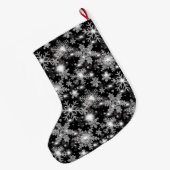 きらめくシルバーのお祭り雪の結晶パターン ラージクリスマスストッキング (裏面 (吊り時))