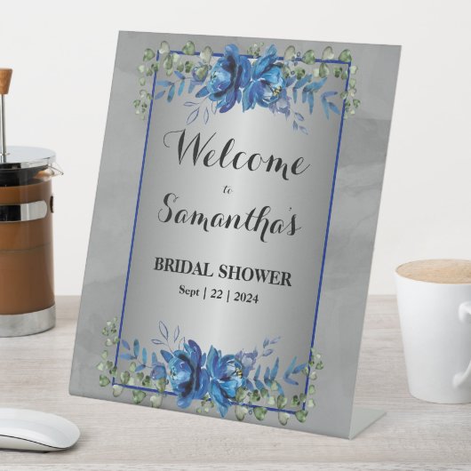 きらめくシルバー:ブルーフローラブライダルシャワー 台座サイン (インサイチュ)