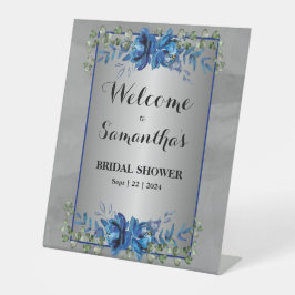きらめくシルバー：ブルーフローラブライダルシャワー 台座サイン