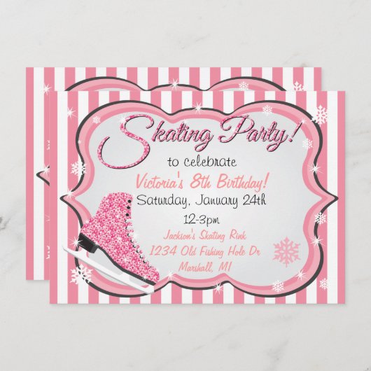 きらめくシークインピンクアイススケートで滑るパーティー招待状 招待状 (正面/裏面)