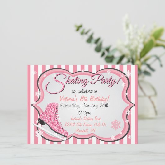 きらめくシークインピンクアイススケートで滑るパーティー招待状 招待状 (スタンド正面)