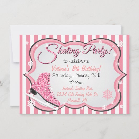 きらめくシークインピンクアイススケートで滑るパーティー招待状 招待状 (正面)