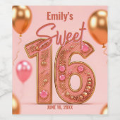 きらめくスタイリッシュソフトピンクと金ゴールドスウィート16 ワインラベル (シングルラベル)