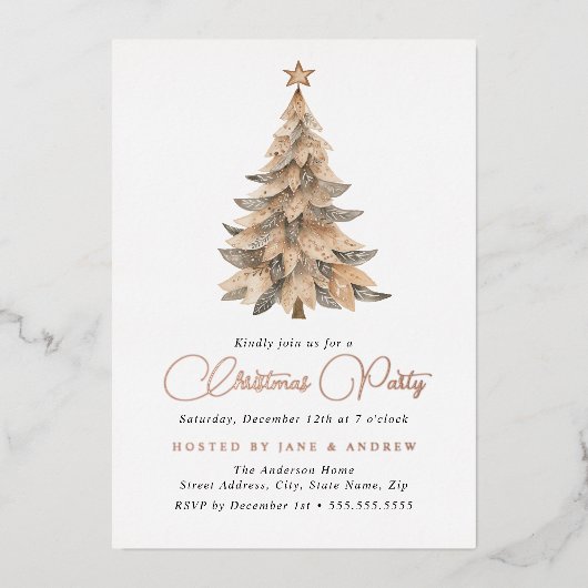 きらめくスターベージュツリークリスマスパーティー 箔招待状 (正面)