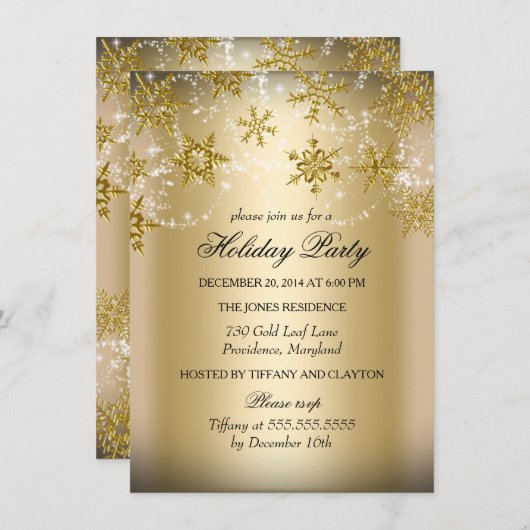 きらめくスノーフレーク金ゴールドクリスマスホリデーパーティー 招待状 (正面/裏面)