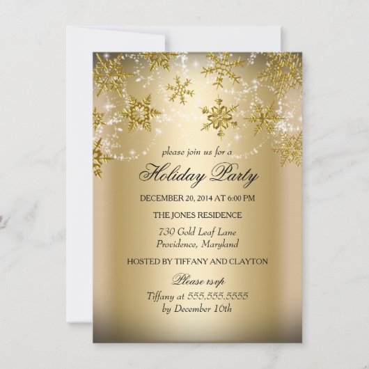 きらめくスノーフレーク金ゴールドクリスマスホリデーパーティー 招待状 (正面)