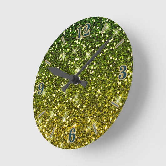 きらめくダークグリーン金ゴールドグリッター ラウンド壁時計 (傾斜)