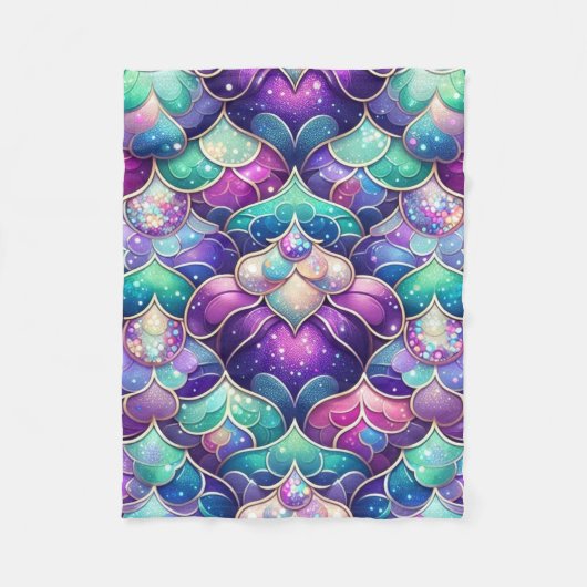 きらめくティール(緑がかった色)パープルマーメイドテールプリントパターン フリースブランケット (正面)