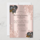 きらめくドリップスローズゴールドブラックローゼウディング 招待状 (正面)