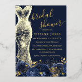 きらめくドレスネイビー金ゴールドフローラバラブライダルシャワー 箔招待状 (正面)