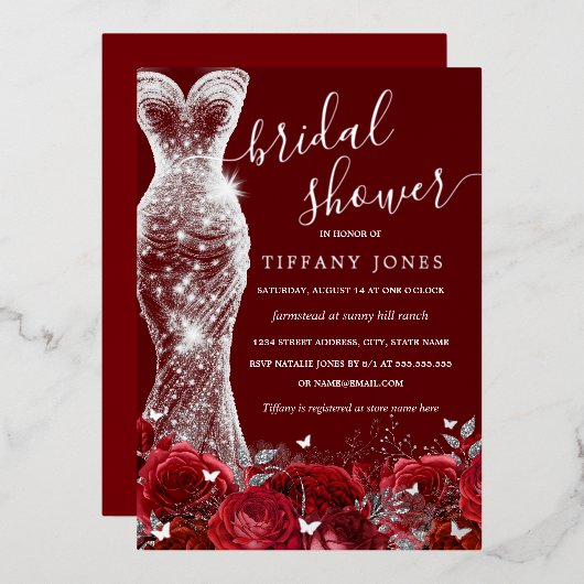 きらめくドレスレッドシルバーバラブライダルシャワー 箔招待状 (正面/裏面)